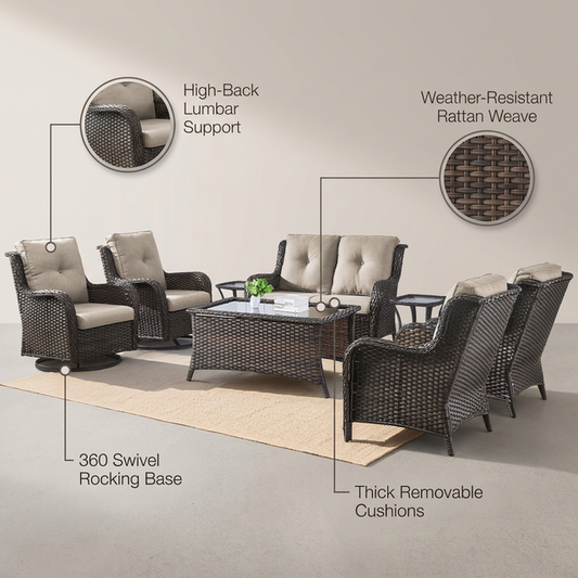 8 Pieces Patio Furniture Sets with Swivel Rocking Chairs,High-Back Rattan Patio Outdoor Conversation Set with 2-Seat Sofa & Coffee Table for Porch Deck Backyard Poolside — Lifestyle