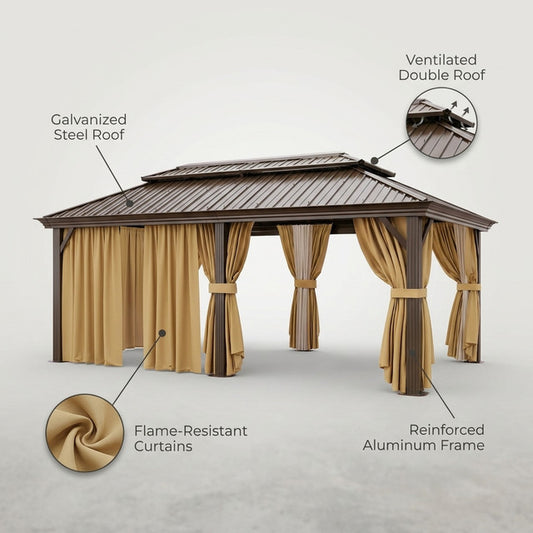 12×20 Hardtop Gazebo with Metal Roof, Heavy Duty Galvanized Steel Gazebo with Reinforced Aluminum Frame, Flame-Resistant Curtain — Lifestyle